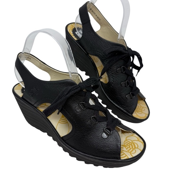 Fly London Yuta Leather Lace Platform Wedge Sandals Black Size 40 8.5 Slingback - Picture 1 of 15
